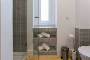 Combined shower/tub, hair dryer, towels