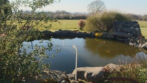 A pond with a stone wall and a wooden fence.