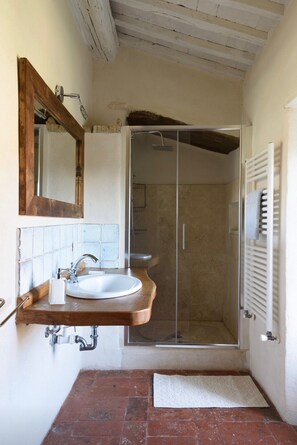 Een bad/douchecombinatie, een haardroger, een bidet, handdoeken