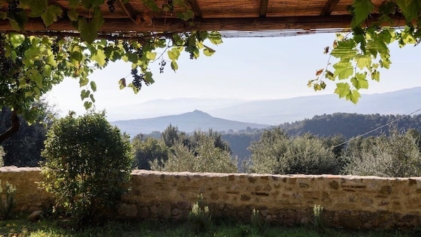 Un mur de pierre offrant une vue sur des montagnes lointaines, surmonté d’une pergola en bois.