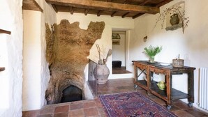 Un intérieur rustique avec une cheminée en pierre, un plafond en bois et un tapis traditionnel.