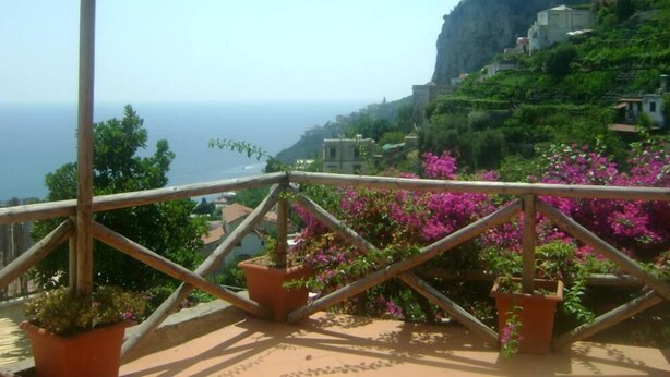 Una terraza con plantas en macetas y vistas al mar y a una costa montañosa.