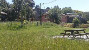 Un espace verdoyant avec une table de pique-nique, des arbres et des maisons en arrière-plan.