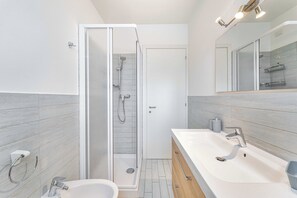 Shower, hair dryer, bidet, towels