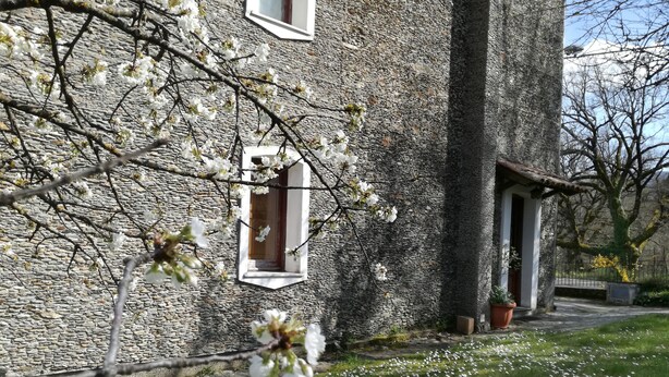 A stone building with a window and a door, surrounded by blooming trees and a grassy area. - detached house with garden, kitchen, laundry, bathroom with jacuzzi  (Decollatura)