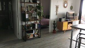 Ein Wohnzimmer mit Holzboden, Bücherregal, Fernseher und einer kleinen Sukkulente.