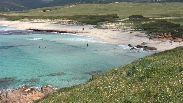 Eine Küstenlandschaft mit Strand, klarem türkisblauem Wasser und grünen Hügeln im Hintergrund.