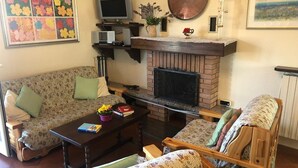 Un salon avec une cheminée, un canapé, un fauteuil et une table basse.