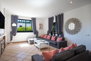 Televisie, een open haard, boeken en een muziekbibliotheek