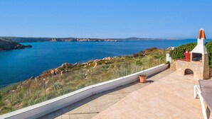A terrace with a stone barbecue, a potted plant, and a view of the sea.