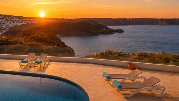 A pool with lounge chairs, a sunset view, and a coastal landscape.