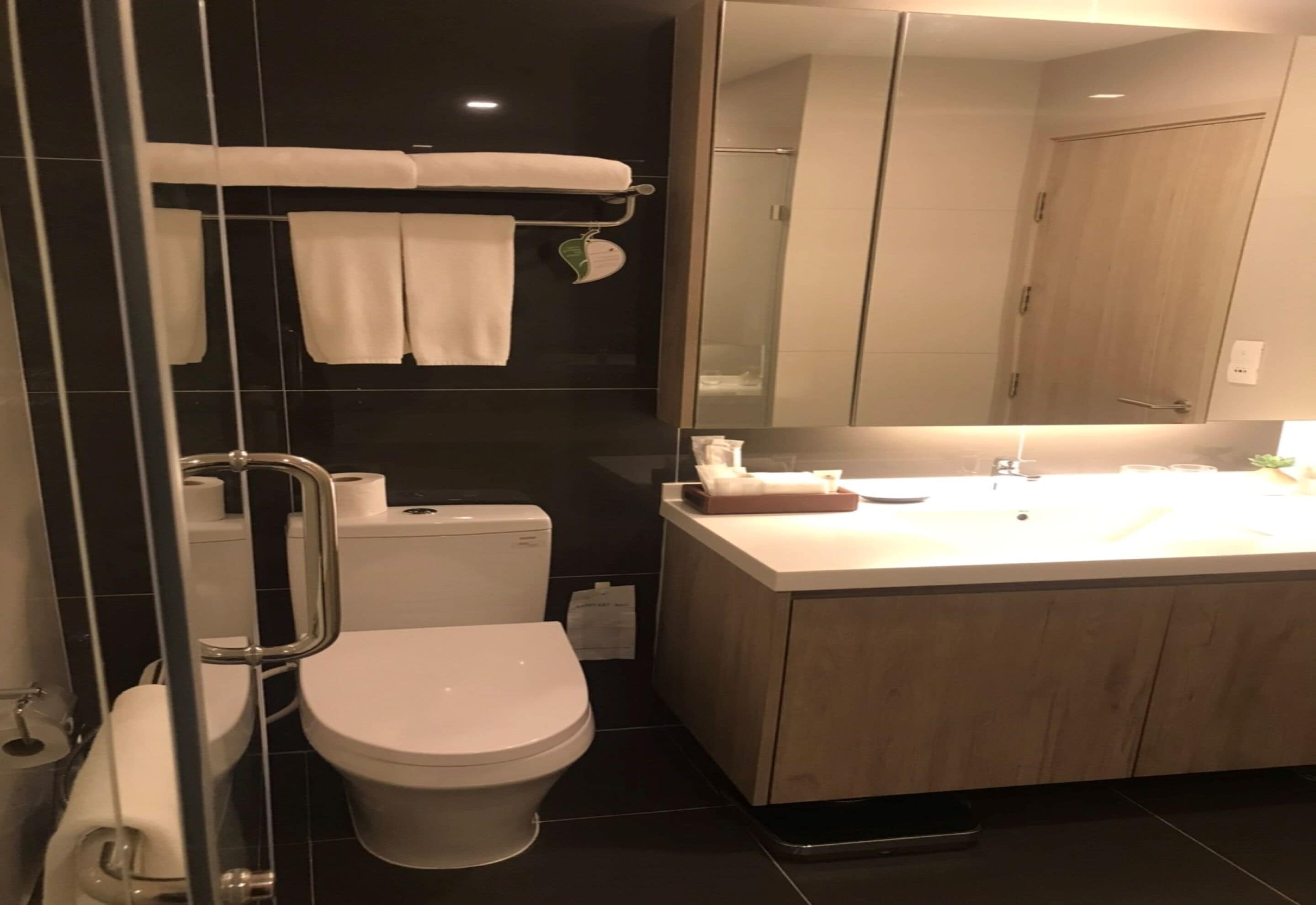 A modern bathroom with a toilet, sink, and mirror.