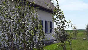 Una casa con tetto di paglia, circondata da vegetazione e un prato.