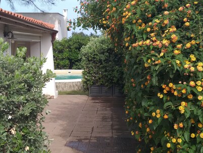 Elegante villa con hermosa terraza cubierta y piscina a menos de 200 metros. del mar y 1 km. de Pula: con ama de llaves.