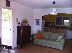 TV, fireplace, books