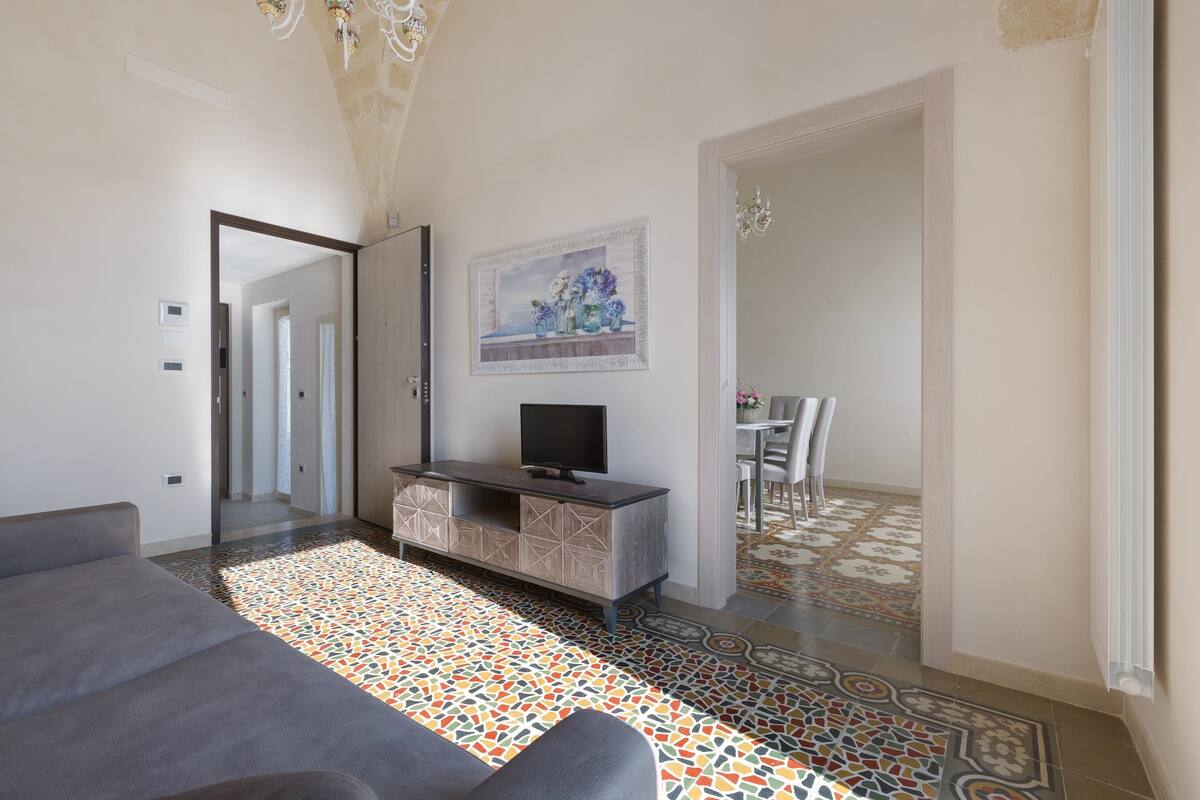 A modern living room with a grey sofa, a TV on a wooden cabinet, and a colorful patterned rug.