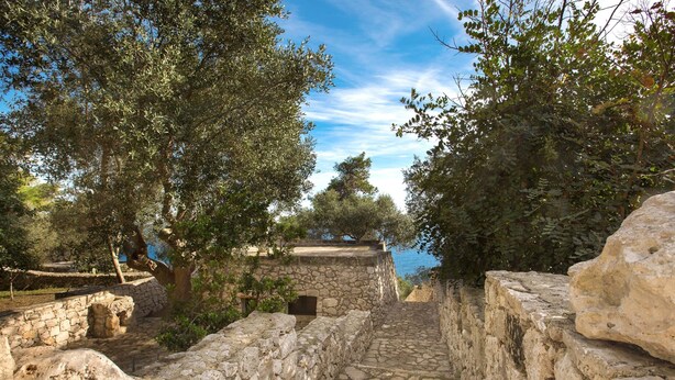 A stone pathway leading through a historical site with trees and a view of the sea. - Pajara Acquaviva (Castro)
