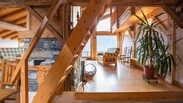 Un intérieur en bois avec une cheminée en pierre, un escalier en bois et une grande plante en pot.