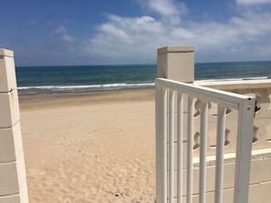 On the beach, sun loungers