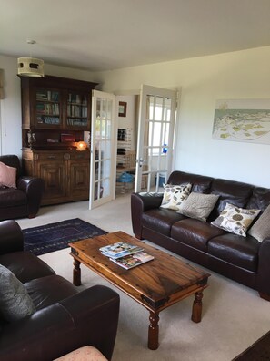 Flat-screen TV, DVD player, books, video library