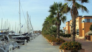 Un port de plaisance où sont amarrés de nombreux bateaux, un trottoir bordé de palmiers et un bâtiment à l’architecture moderne.