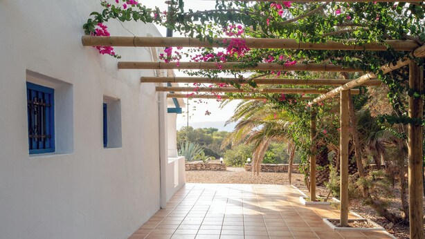Un paseo techado con estructura de pérgola, paredes blancas y marcos de ventanas azules.