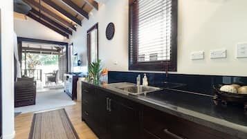 Executive Villa, 1 King Bed, Beach View | Private kitchen | Full-sized fridge, microwave, stovetop, dishwasher