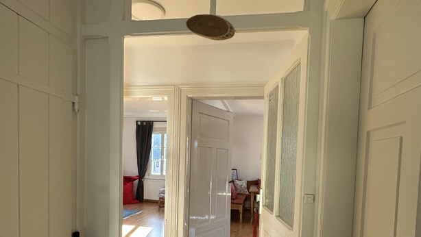 Un couloir au plancher de bois menant à une pièce dotée d’une porte.
