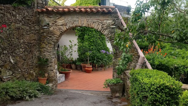 Un arco de piedra que da acceso a un jardín con plantas en macetas y un sendero.