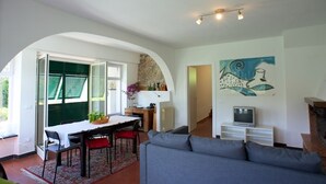 Una sala de estar moderna con un sofá gris, una mesa de comedor con sillas, un televisor y una chimenea.