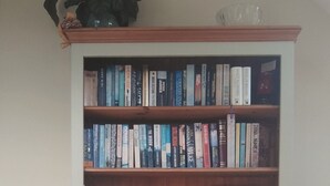 A bookshelf with multiple shelves filled with books, a small basket, and a potted plant.