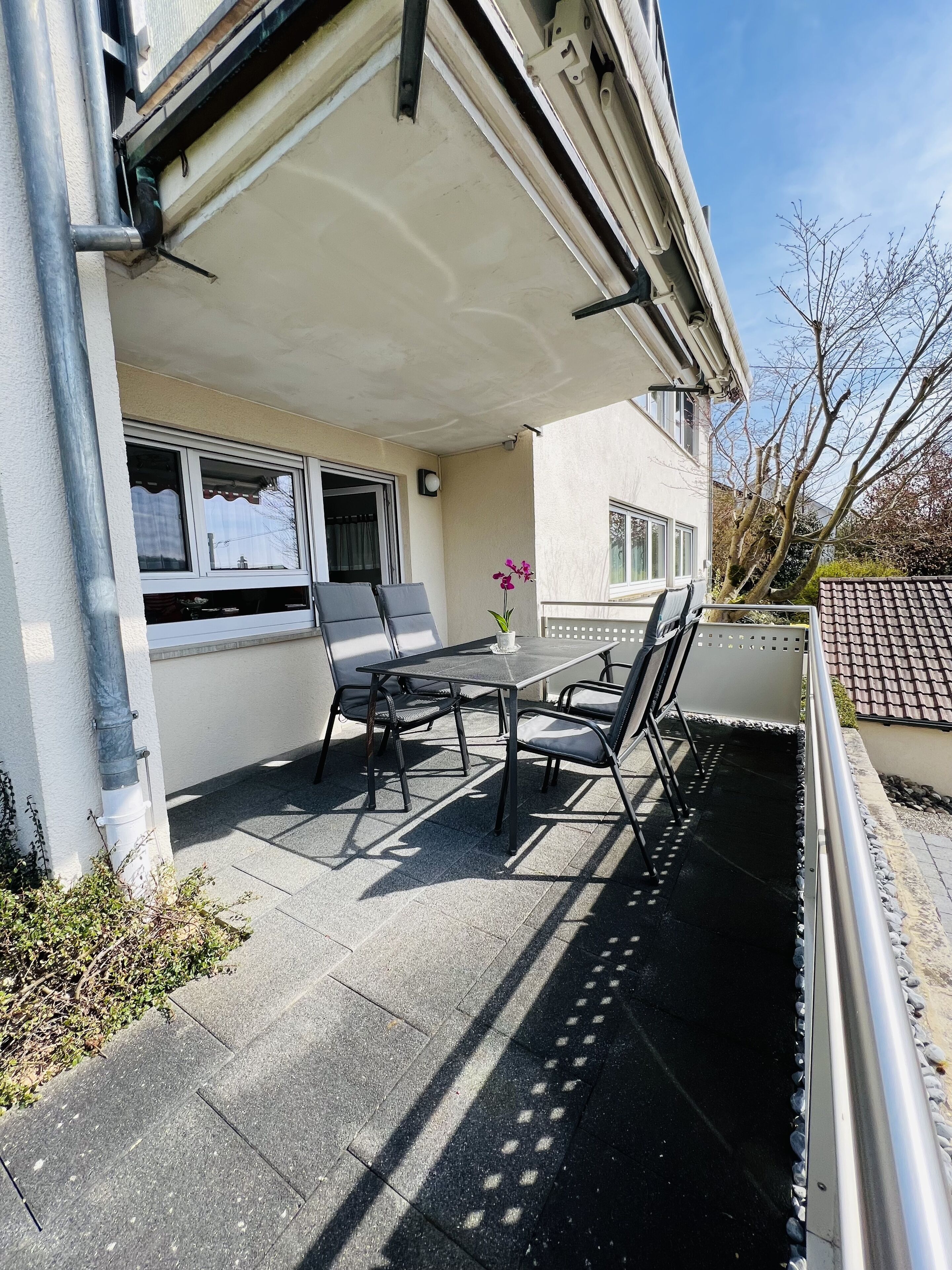 Eine überdachte Terrasse mit Tisch und Stühlen, einer Topf-Orchidee und Blick auf die Straße.