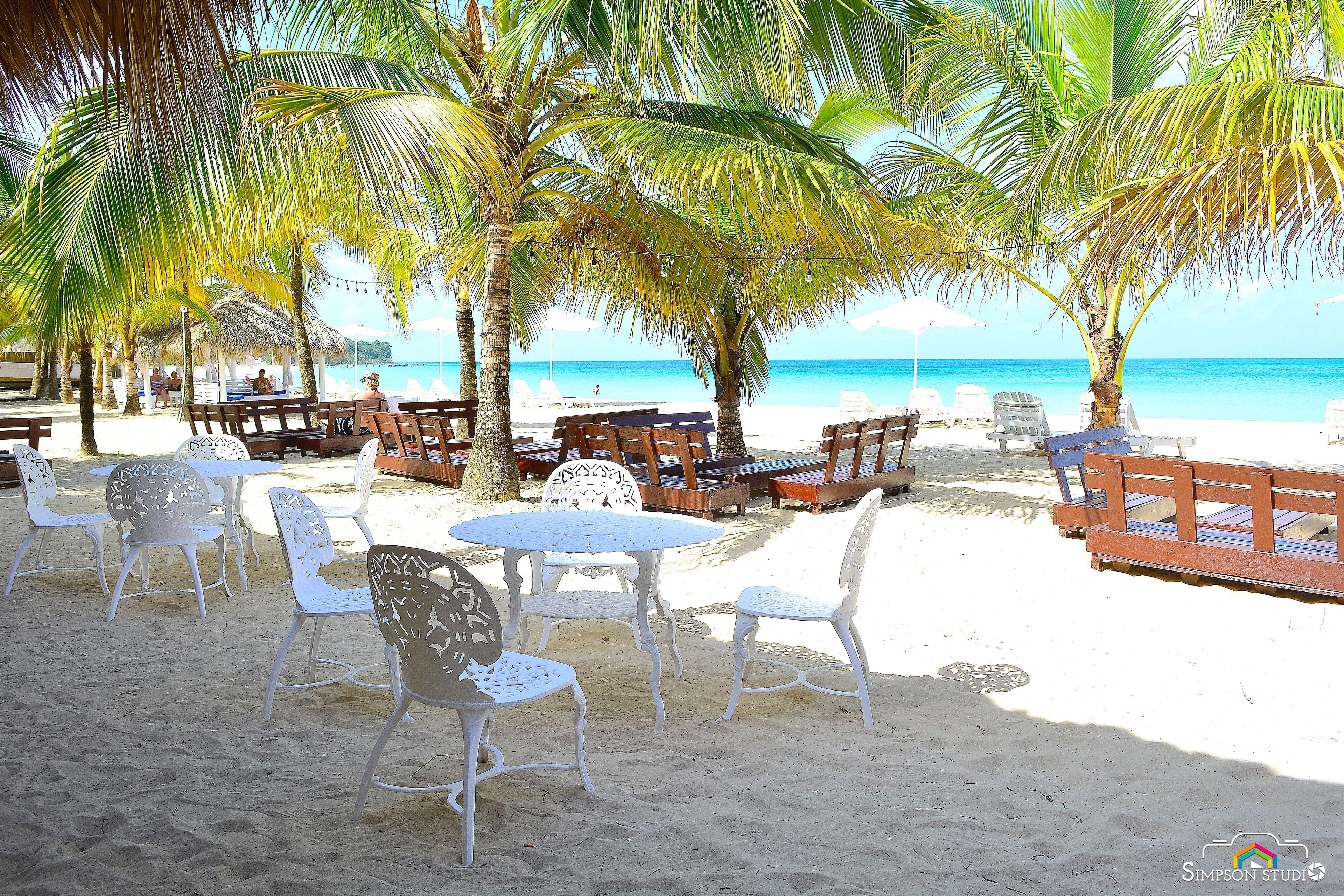 Un café situé en bord de mer, avec des chaises et des tables en métal blanc, des palmiers et une vue sur l’océan.