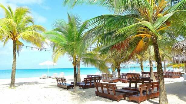 A beach with palm trees, wooden lounge chairs, and a clear view of the ocean. - Arenas Beach Hotel (Corn Islands)