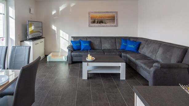 A modern living room with a grey sofa, two blue pillows, a coffee table, and a television on a cabinet. - Vacation home Lucky with pet (Norden)