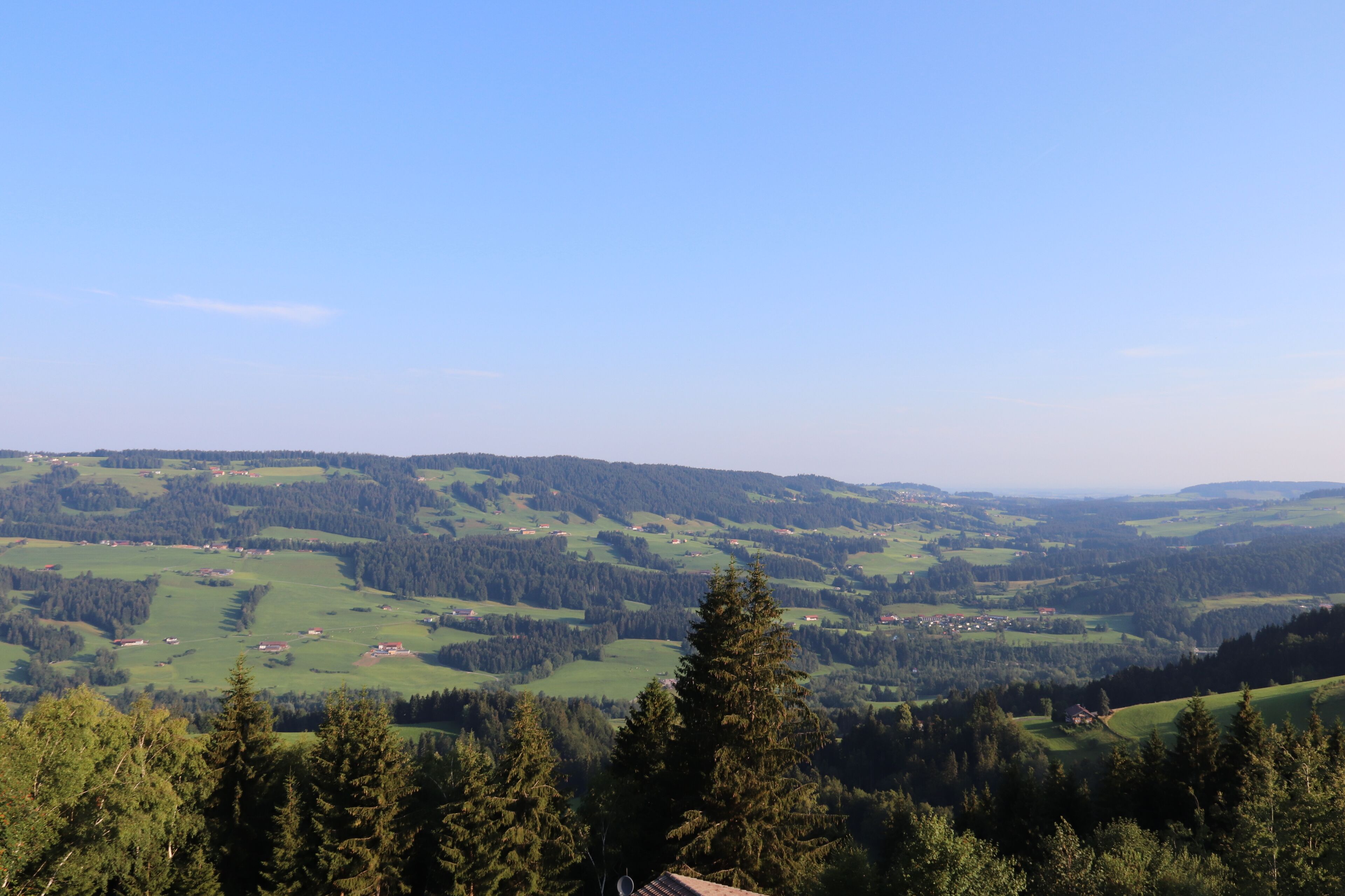 Ein weiter Panoramablick auf eine gebirgige Landschaft mit verstreuten Häusern und dichten Wäldern.