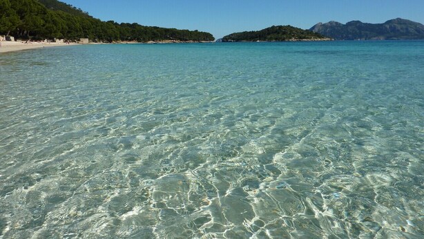 A clear beach with turquoise water and a forested hill in the background. - Villa with pool  Pollensa - Can Roig Guillem (Pollensa / Pollença)