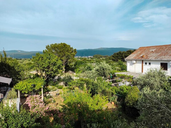 A white building with a red roof, surrounded by lush greenery and a clear view of distant hills.