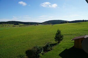 Un paysage rural avec une petite cabane en bois, de vastes champs et des collines lointaines.
