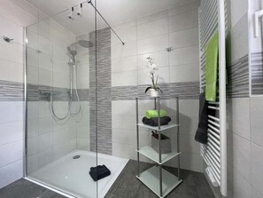 Dusche, Haartrockner, Handtücher, Seife
