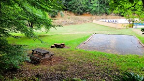 A grassy area with a picnic table and a small pond. - Gîte for 5 to 7 people in Sarlat. Heated swimming pool. Wifi. >>Nature (SARLAT LA CANEDA)