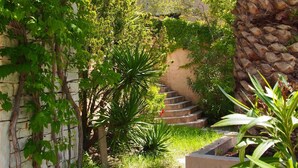 A stone staircase surrounded by lush greenery, leading to a building with a white facade.