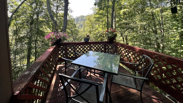 A wooden deck with a glass table and metal chairs, surrounded by dense forest. - 'Nob Nest' - Perfect location, Close to Everything (Sugar Mountain)