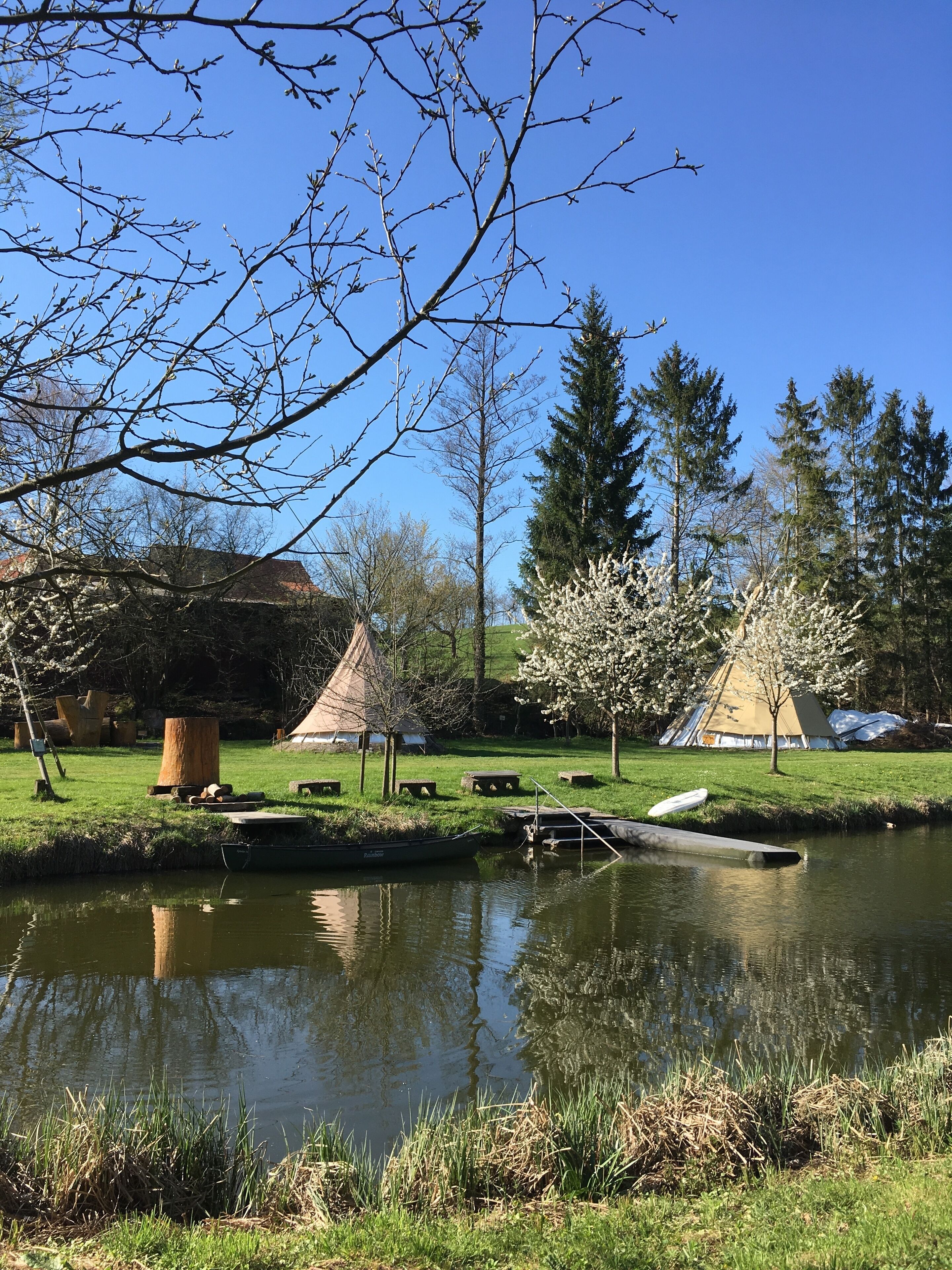 A serene outdoor setting with a pond, picnic tables, and yurts in a park.