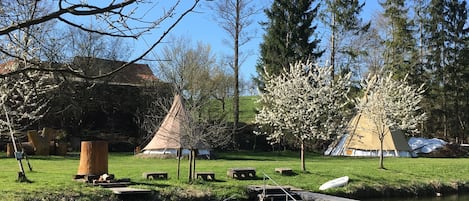 A serene outdoor setting with a pond, picnic tables, and yurts in a park.