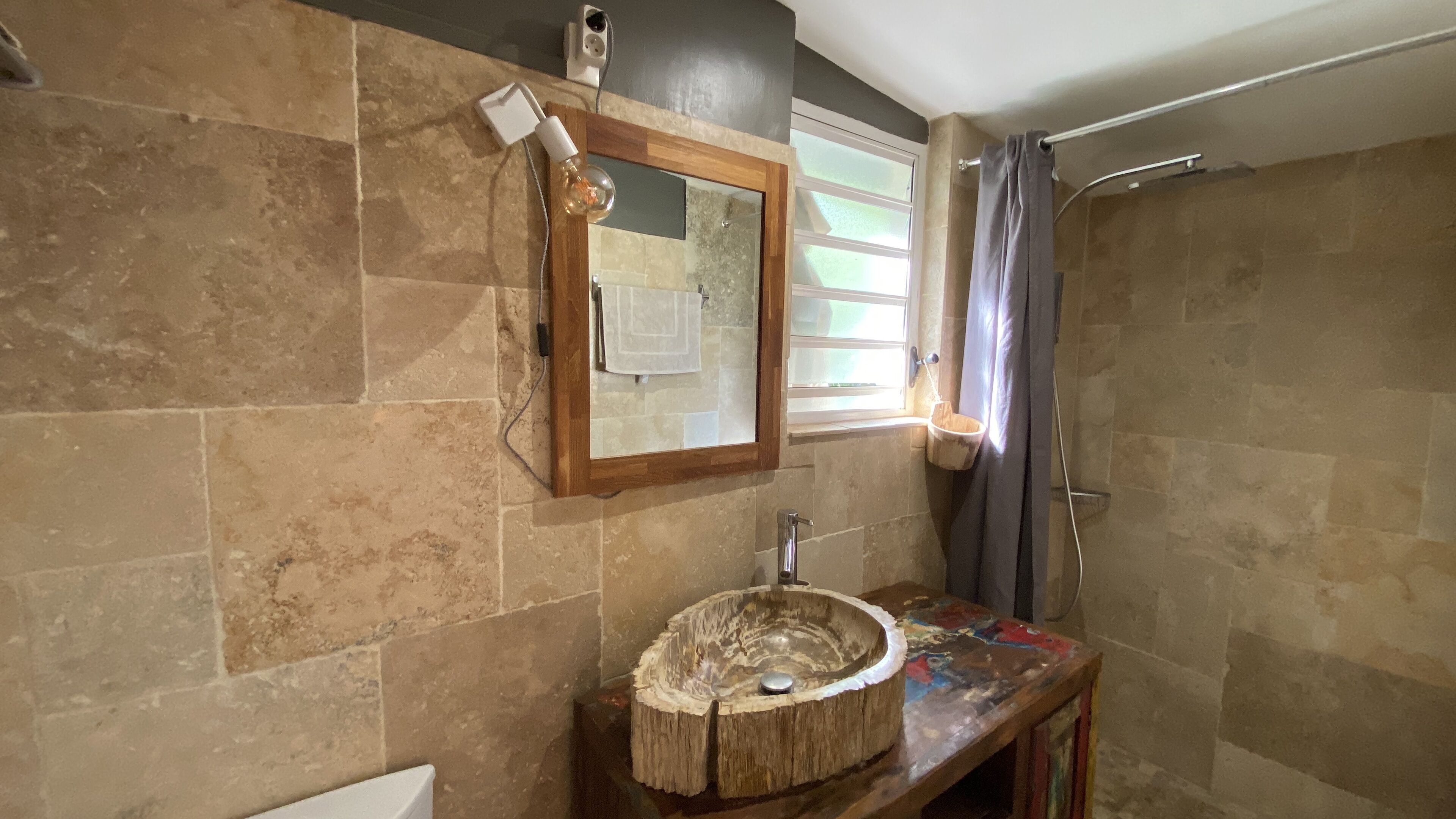 Shower, hair dryer, towels, toilet paper