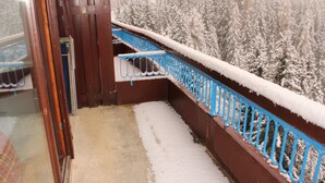Un balcón con barandilla azul, árboles cubiertos de nieve al fondo y una puerta de madera.