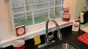 Een keuken met een roestvrijstalen spoelbak, een raam met uitzicht op een huis en bomen, een rode Coca-Cola koeler en een fles Lubriderm op het aanrecht.
