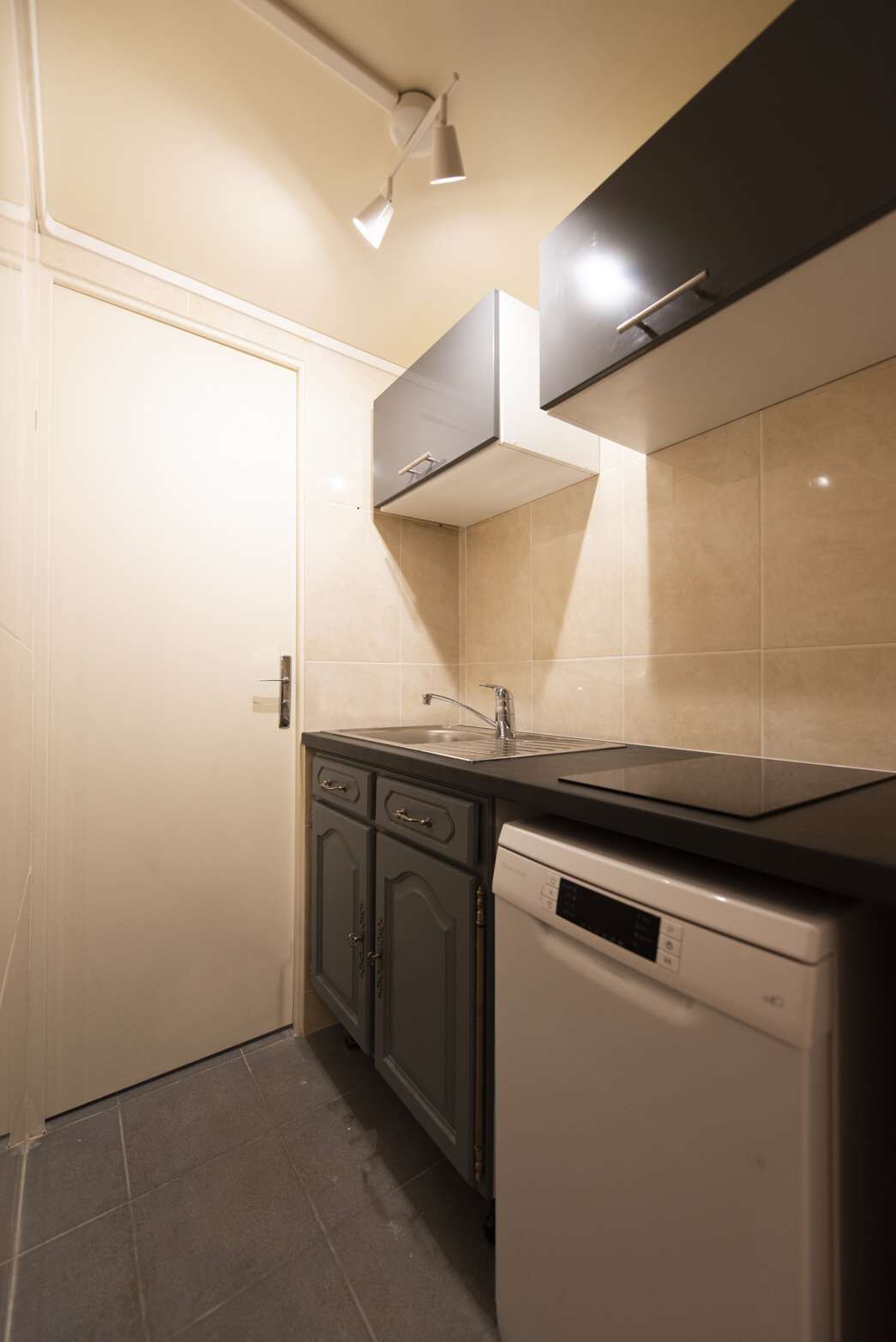 A compact kitchen with a dishwasher, a sink, and cabinets.