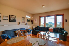 Smart TV, fireplace, DVD player, books